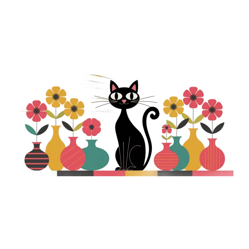 Retro Cat and Flowers: Mid-Century Modern Illustration Tapestry