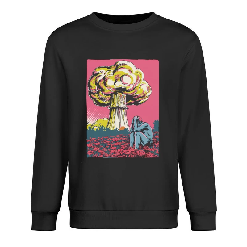 Apocalyptic Despair: Nuclear Explosion Amid Surreal Flower Field Male Pullover Sweatshirt