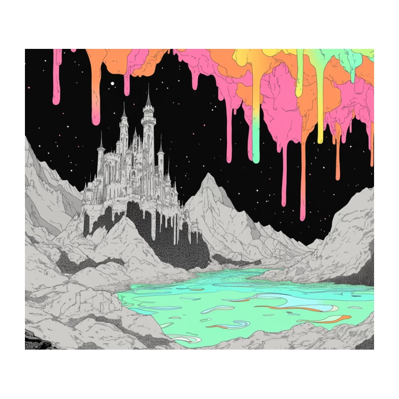 Psychedelic Fantasy Castle in Surreal Mountain Dreamscape Tapestry