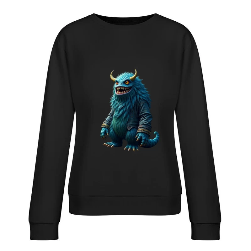 Furry Blue Monster in Denim Jacket with Golden Horns Female Pullover Sweatshirt