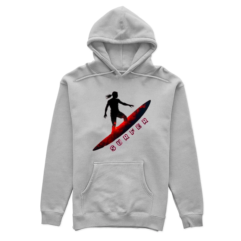 Dynamic Surfer Silhouette with Red Wave Effect Female Pullover Hoodie