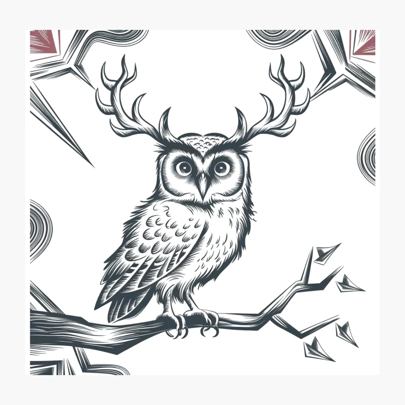 Surreal Owl with Antlers: Black and White Fantasy Illustration Throw Pillow