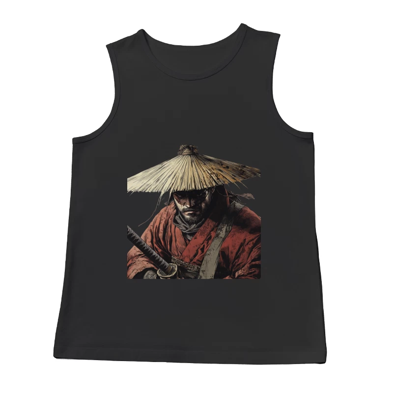 Illustrated Samurai Warrior with Straw Hat and Sword Male Tank Top