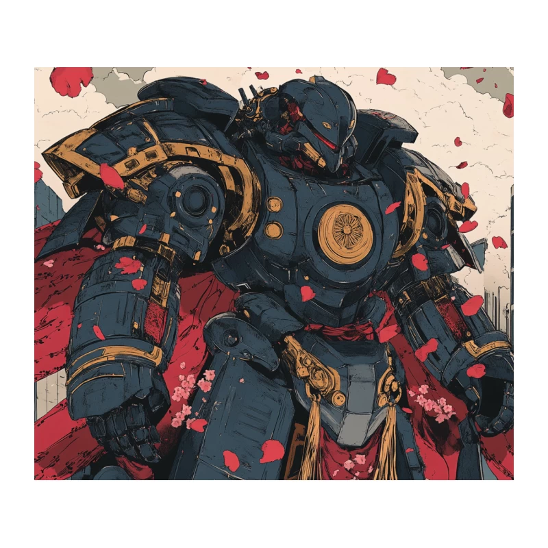 Futuristic Mecha in Battle Amidst Red Petals Tapestry