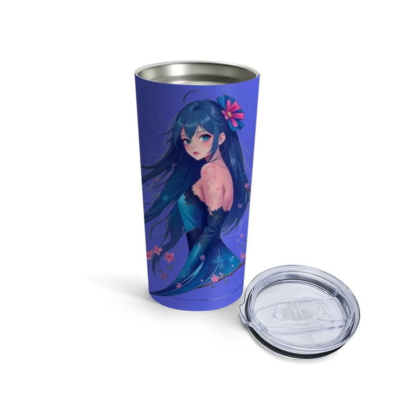 Elegant Anime Girl with Blue Hair and Floral Accents in Evening Dress Travel Mug