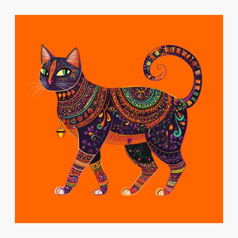 Vibrant Feline Folk Art: Ornate Cat with Intricate Patterns Pin
