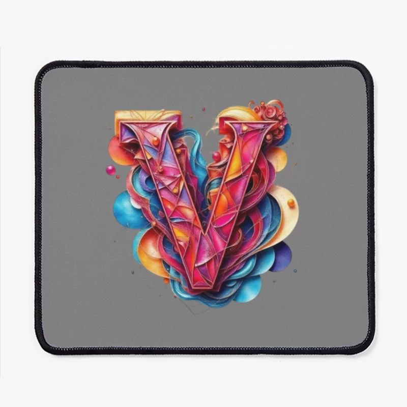 Vibrant Geometric Letter V with Abstract Swirls Mouse Pad