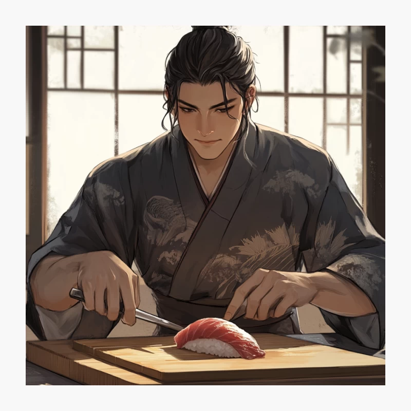 Anime Sushi Chef in Traditional Japanese Setting Pin