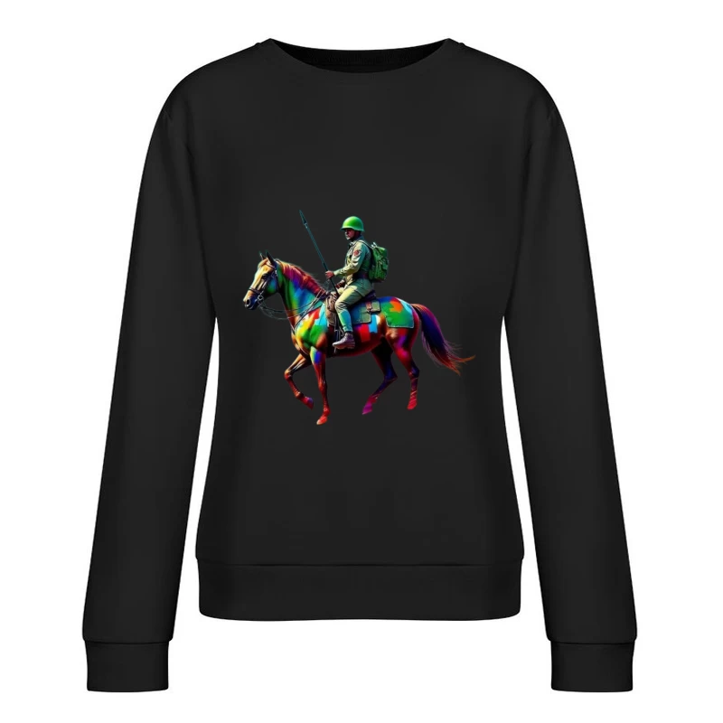 Colorful Military Cavalry Soldier on Horseback Female Pullover Sweatshirt