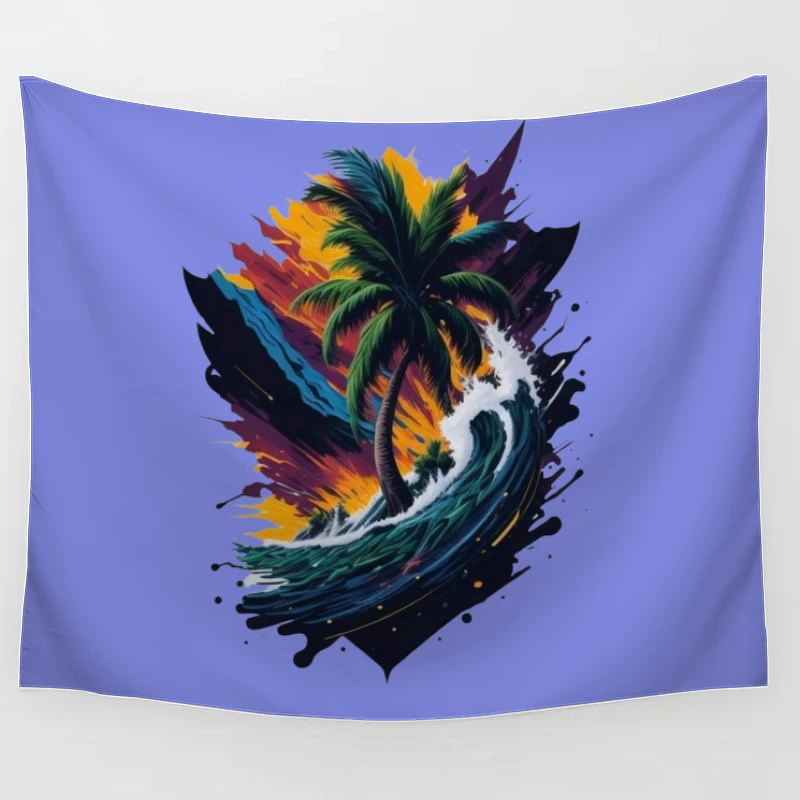 Tropical Sunset with Palm Tree and Ocean Waves Tapestry