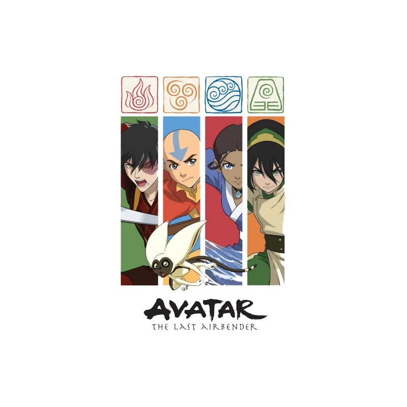 Avatar: The Last Airbender Character Panel with Elemental Symbols Tapestry