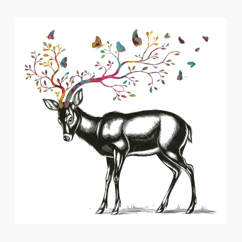 Surreal Deer with Colorful Antler Tree and Butterflies Throw Pillow