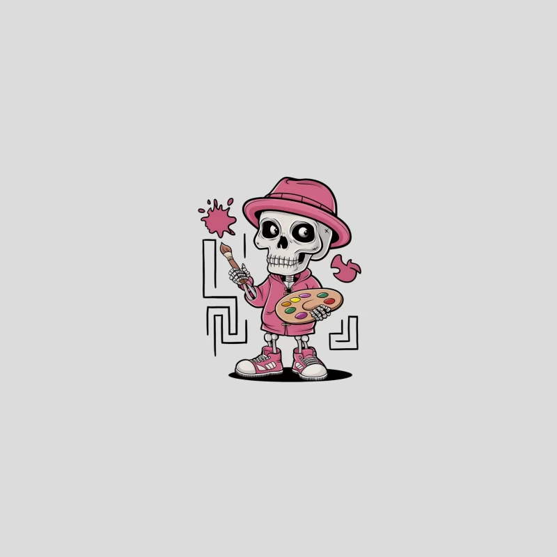 Pink Artistic Skeleton Cartoon Character with Painting Palette Baseball Cap