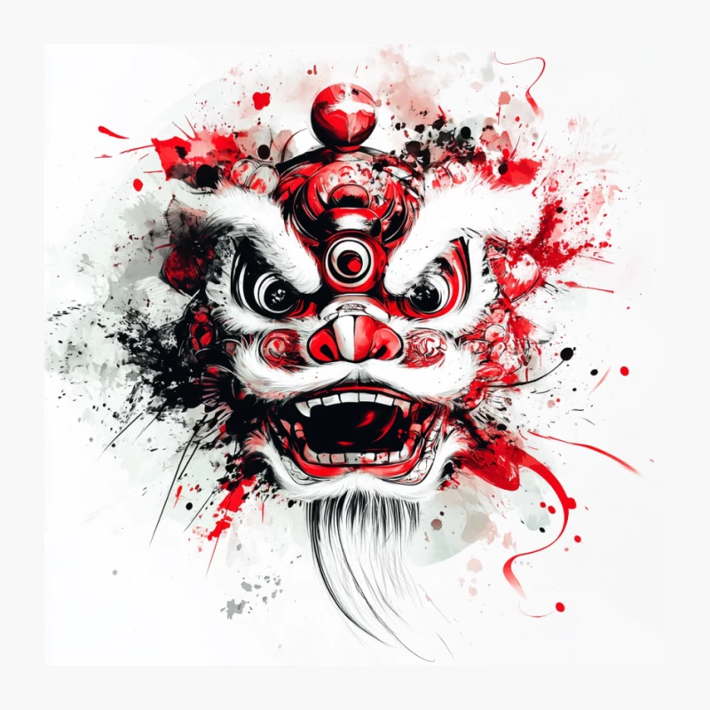 Artistic Splatter Paint Depiction of Chinese Lion Dance Mask Pin