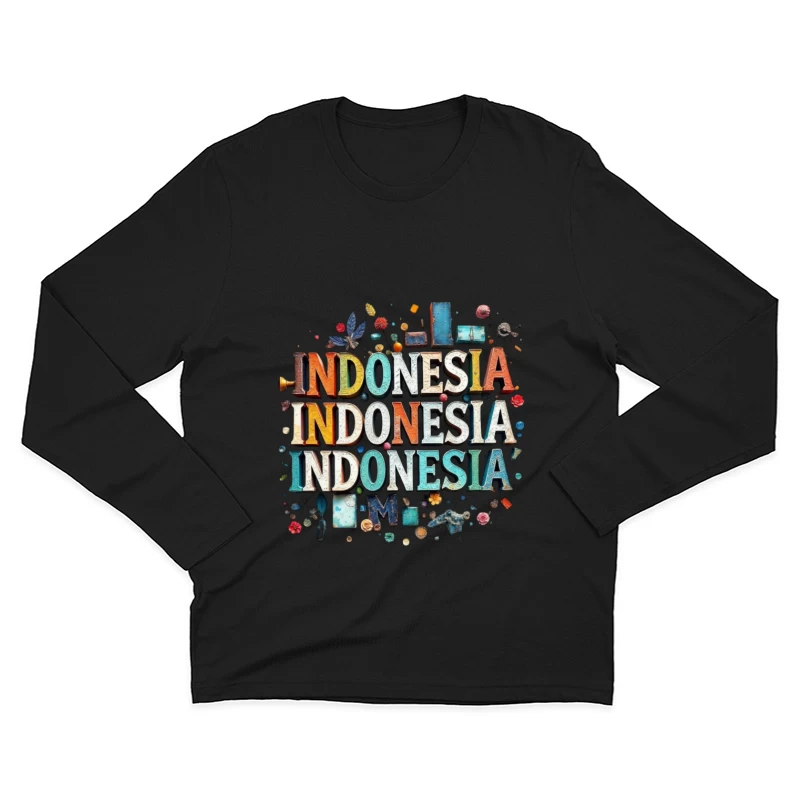 Artistic Typography Design of Indonesia with Colorful Decorative Elements Male Long Sleeve T-Shirt