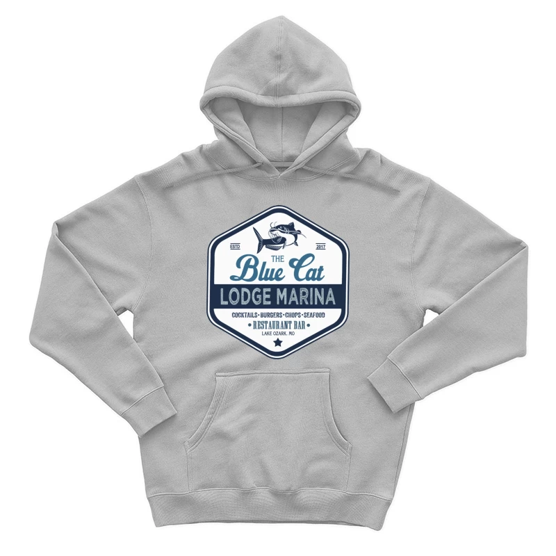 The Blue Cat Lodge Marina Restaurant and Bar - Vintage Nautical Logo Design Male Pullover Hoodie