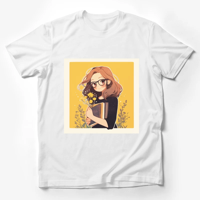 Bookish Girl with Yellow Flowers - Anime Style Illustration Male T-Shirt