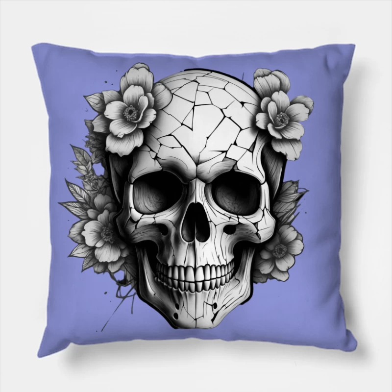 Cracked Skull with Flowers Throw Pillow
