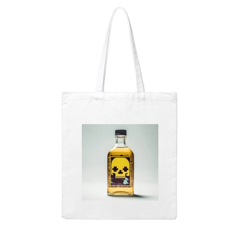 Pixel Art Skull Liquor Bottle with Retro Gaming Design Cotton Tote Bag