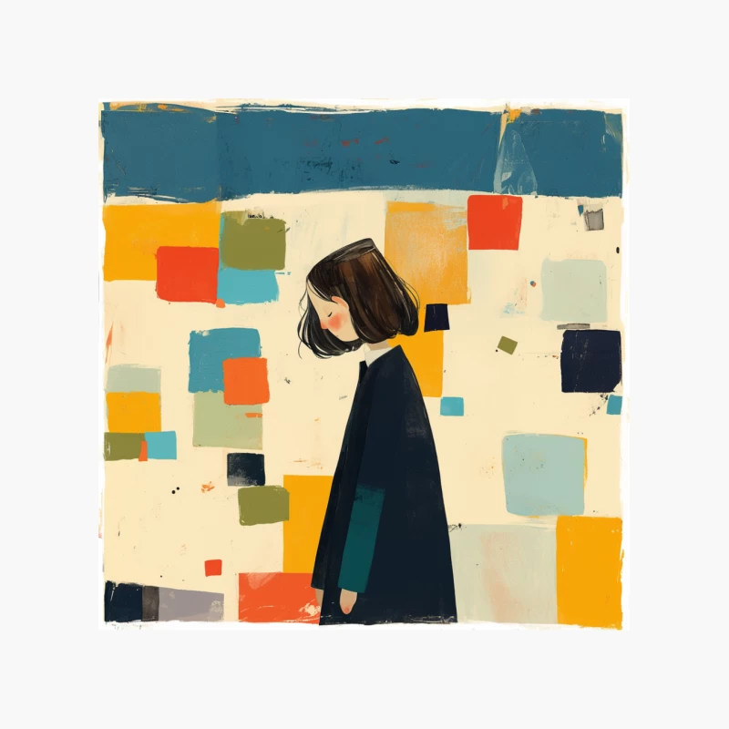 Minimalist Illustration of Figure in Black Coat Against Colorful Abstract Squares Cotton Tote Bag