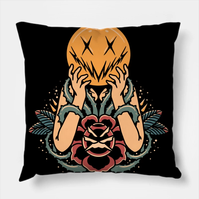 Surreal Floral Mask Illustration Throw Pillow