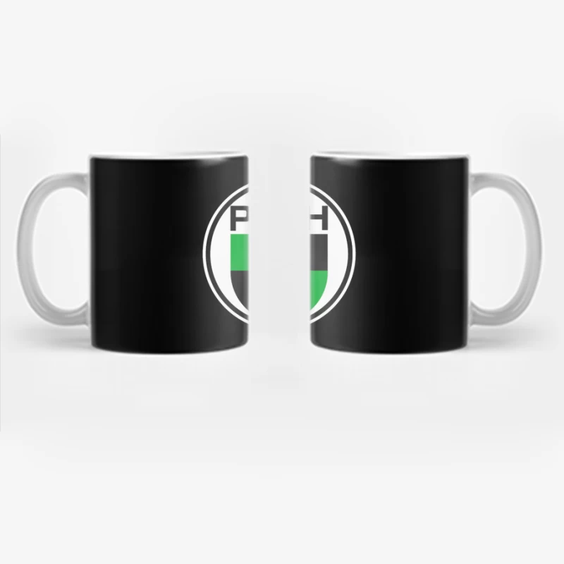 Vintage Puch Motorcycle Company Logo with Green and Black Shield Design Coffee Mug