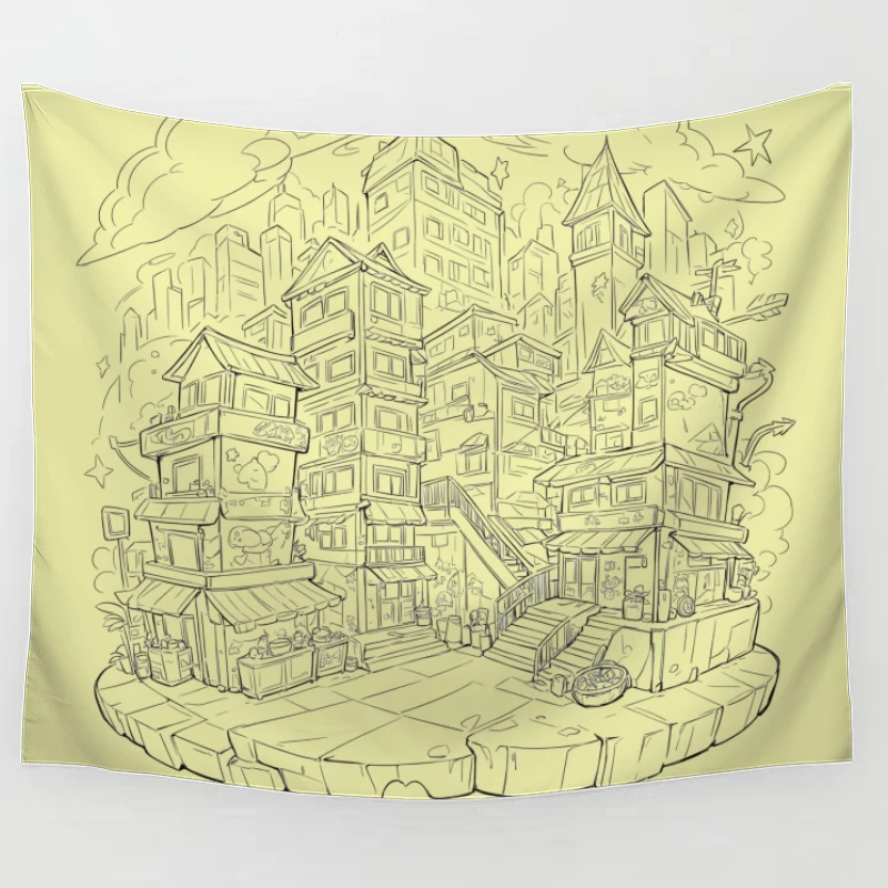Fantasy Cityscape Illustration Tapestry