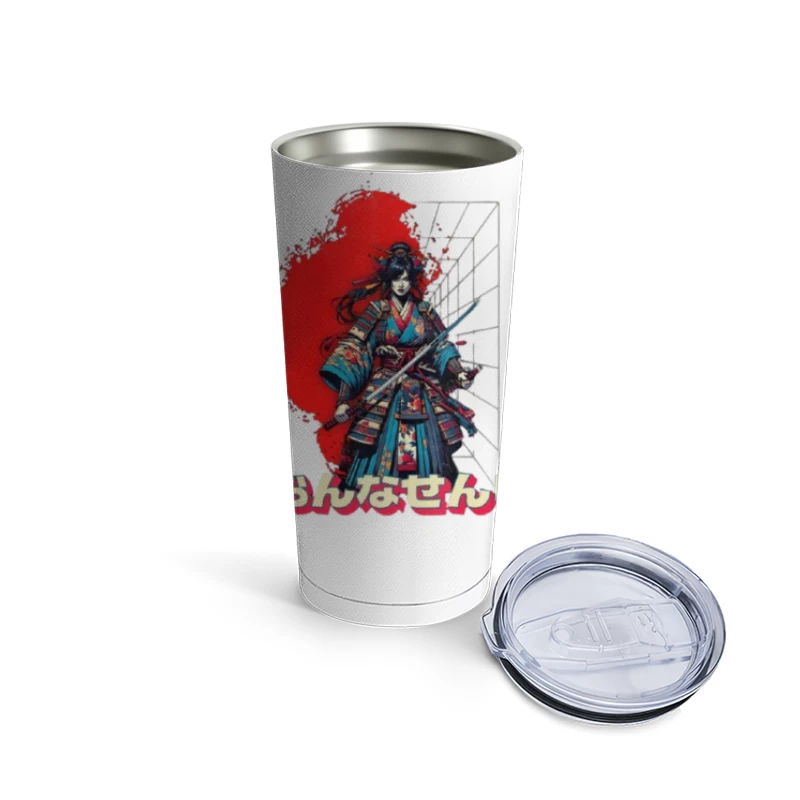 Warrior in Traditional Japanese Kimono with Katana Against Red Sun Travel Mug