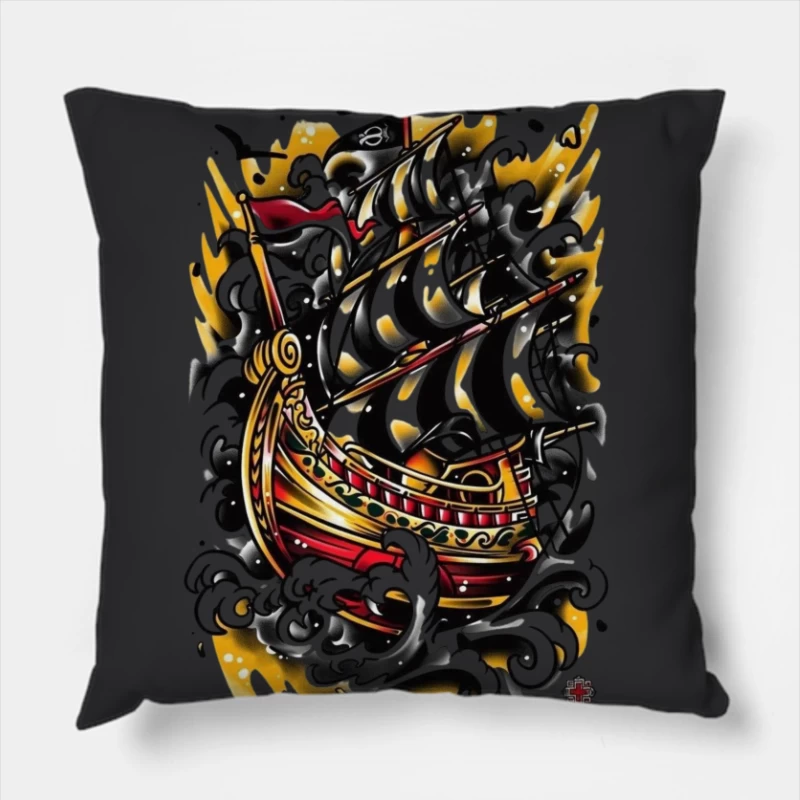Artistic Pirate Ship Design Throw Pillow
