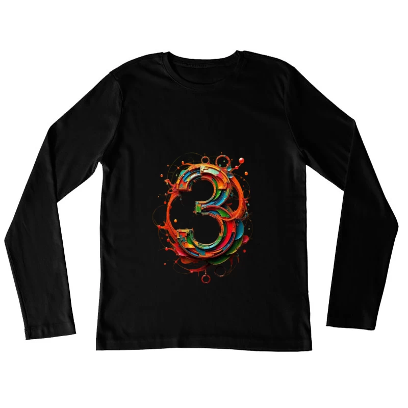 Vibrant 3D Number Three with Abstract Geometric Design Female Long Sleeve T-Shirt