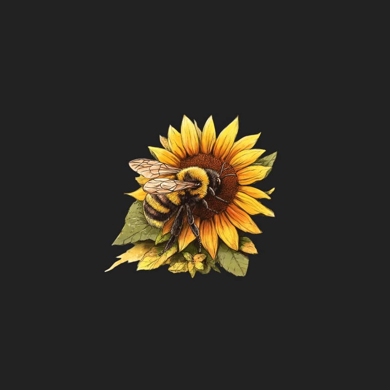 Detailed Illustration of Bee Pollinating Sunflower Bucket Hat