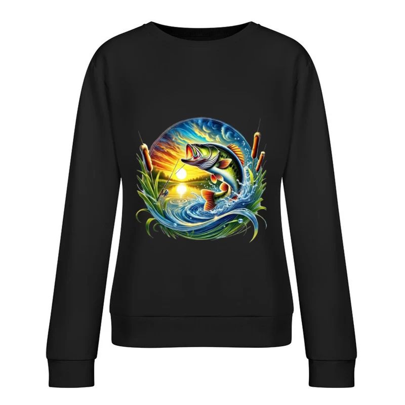 Beautiful Bass Fishing Artwork at Sunset Female Pullover Sweatshirt