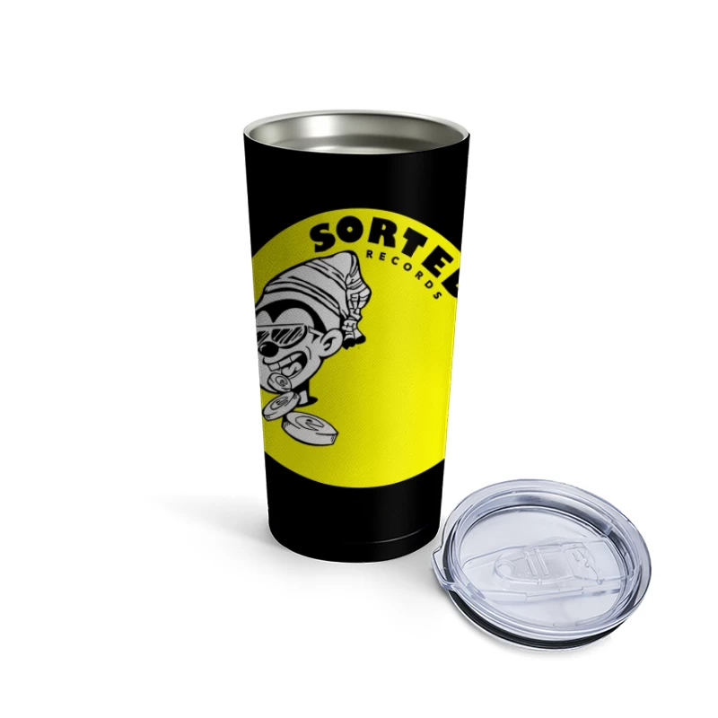 Sorted Records Label Logo with Cool Cartoon DJ Character Travel Mug