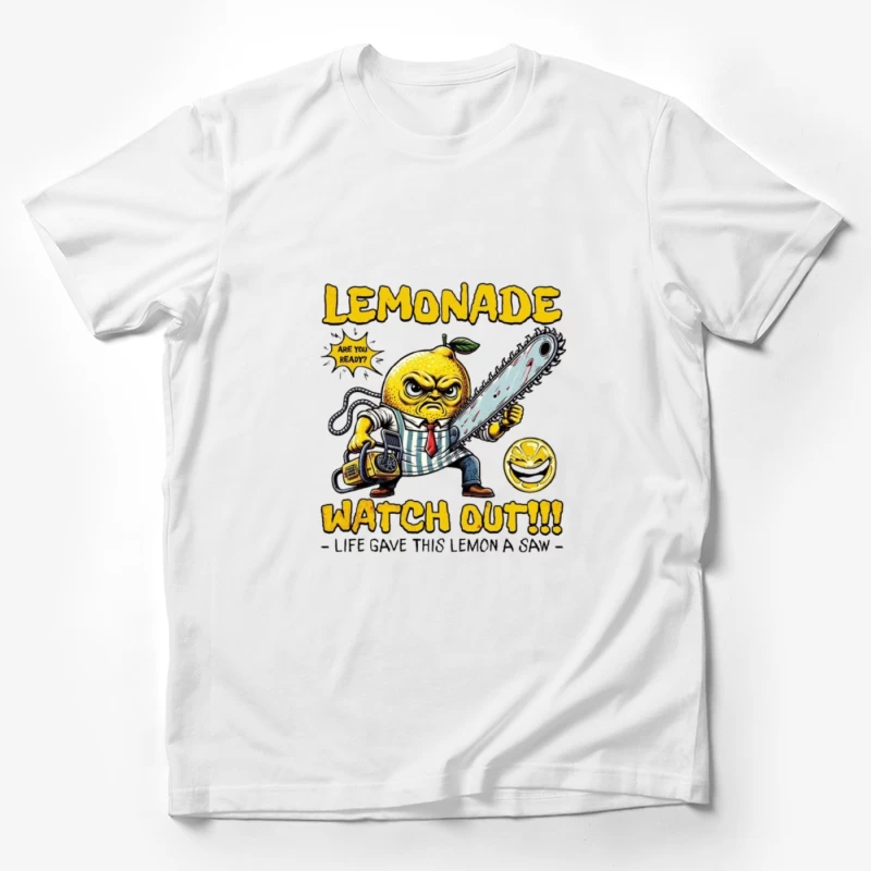 Angry Cartoon Lemon with Chainsaw: "Life Gave This Lemon a Saw" Male T-Shirt