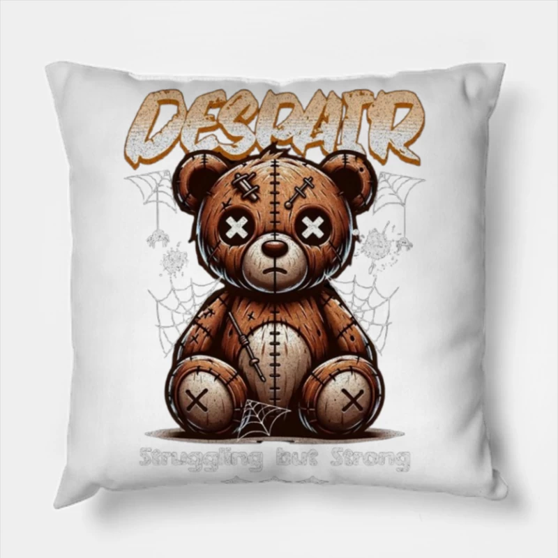 Gothic Stitched Teddy Bear with Despair Theme Throw Pillow