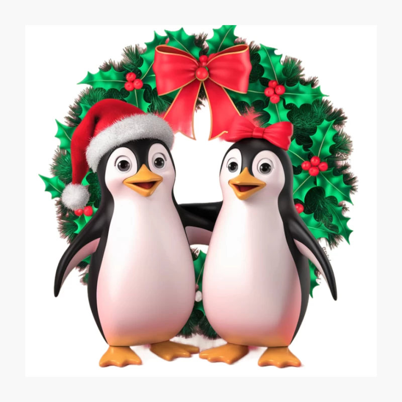 Festive Penguin Pair with Christmas Wreath Pin