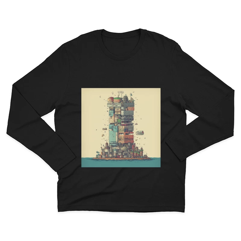 Retro-Futuristic Vertical City Island Male Long Sleeve T-Shirt