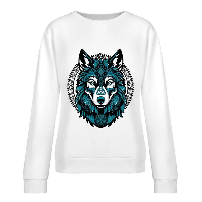 Majestic Celtic Wolf – Teal Knotwork Design Female Pullover Sweatshirt