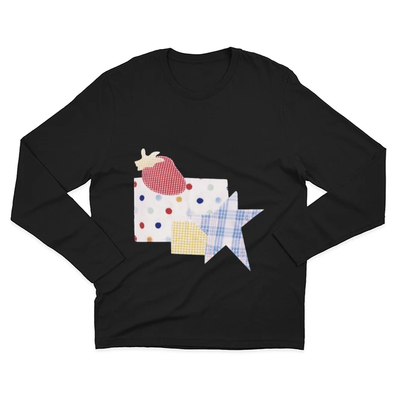 Patchwork-Muster mit Erdbeere, Stern und Punkten Herren Langarm T-Shirt