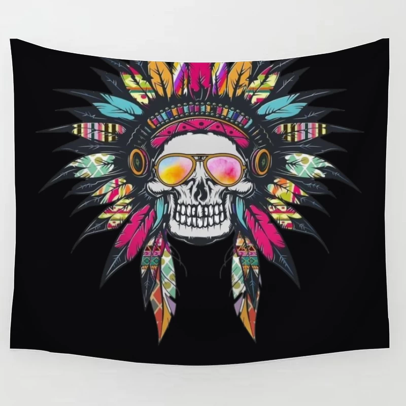 Colorful Skull with Headdress and Sunglasses Tapestry