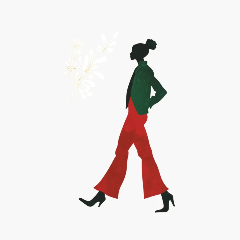 Retro Minimalist Fashion Silhouette: Woman in Green and Red Cotton Tote Bag