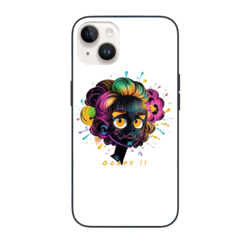 Whimsical Cartoon Character with Rainbow Hair and Paint Splashes iPhone Case