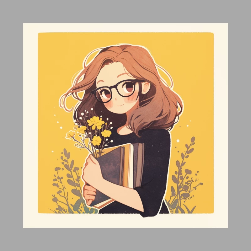 Bookish Girl with Yellow Flowers - Anime Style Illustration Female Pullover Hoodie