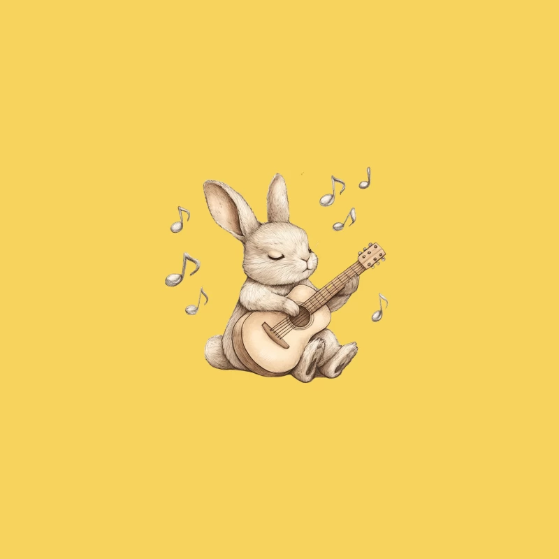 Adorable Bunny Musician: Illustrated Rabbit Playing Guitar with Musical Notes Bucket Hat