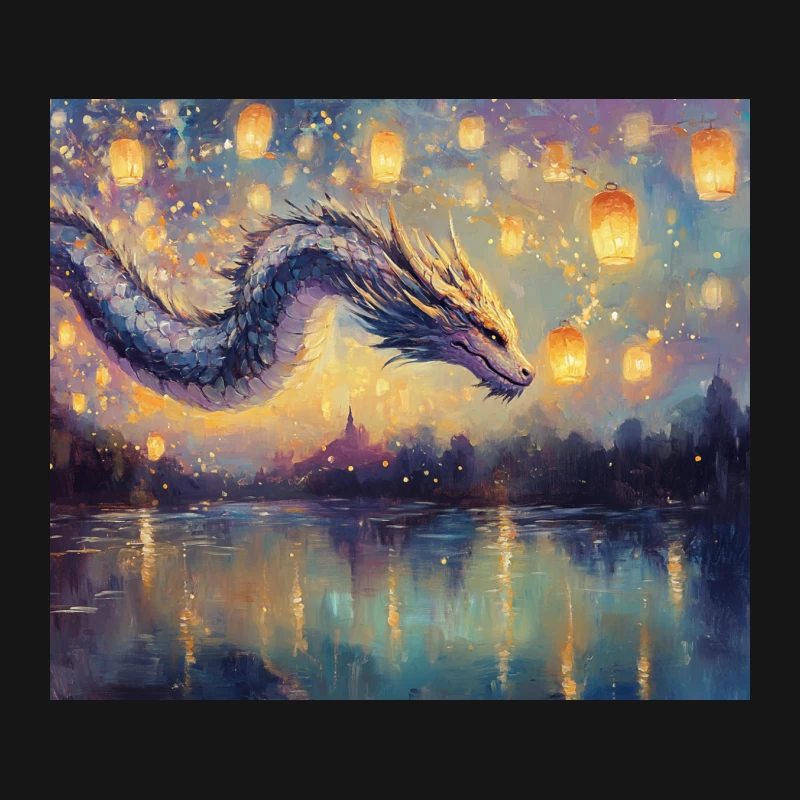 Magical Dragon Soaring Amidst Floating Lanterns Over Reflective Lake Mouse Pad