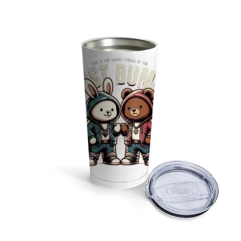 Cartoon Bunny and Bear Friends in Hip Hop Streetwear Sharing a Fist Bump Travel Mug