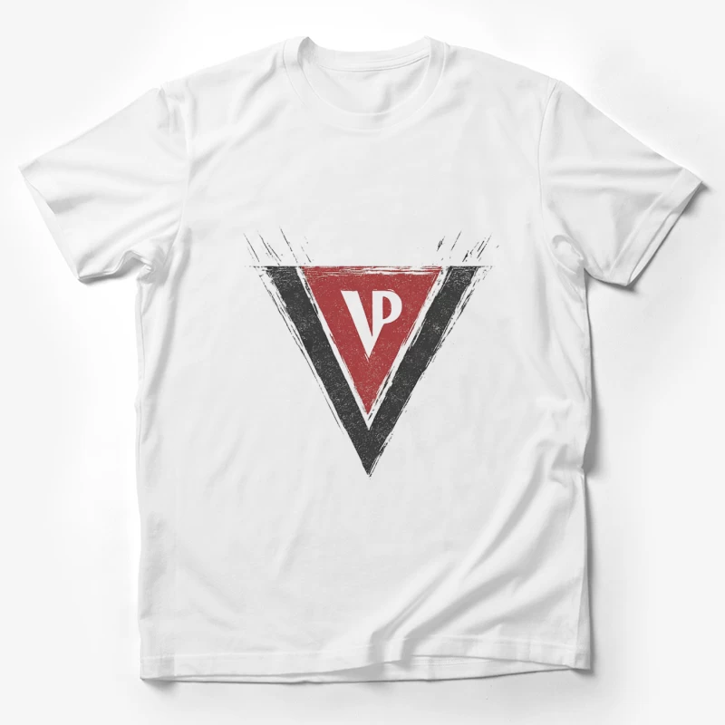 Minimalist Vintage Triangle Logo with VP Initials Male T-Shirt