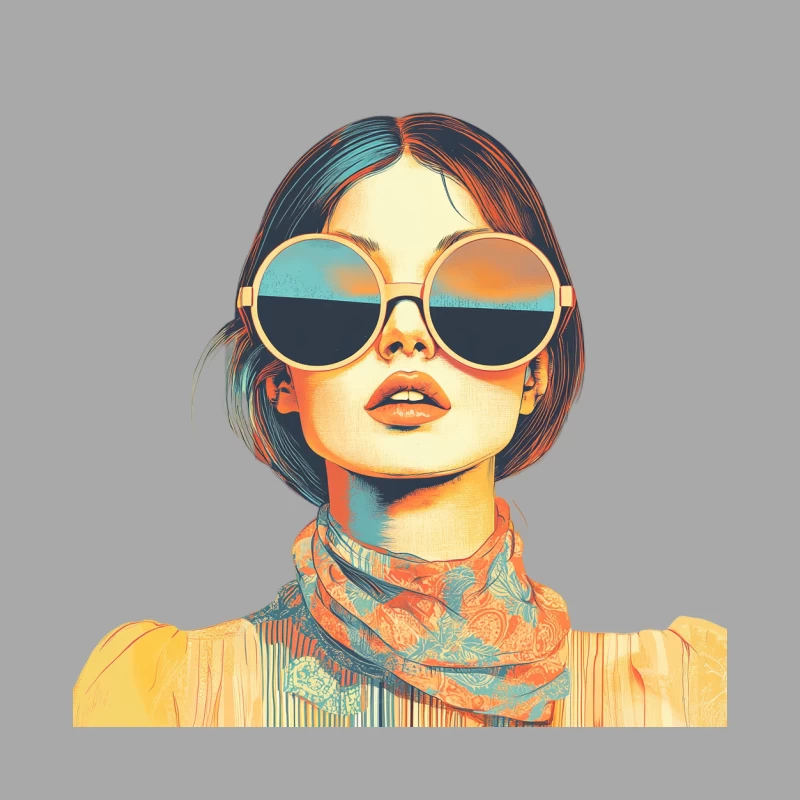 Stylized Pop Art Portrait with Round Sunglasses and Colorful Scarf Female Pullover Hoodie