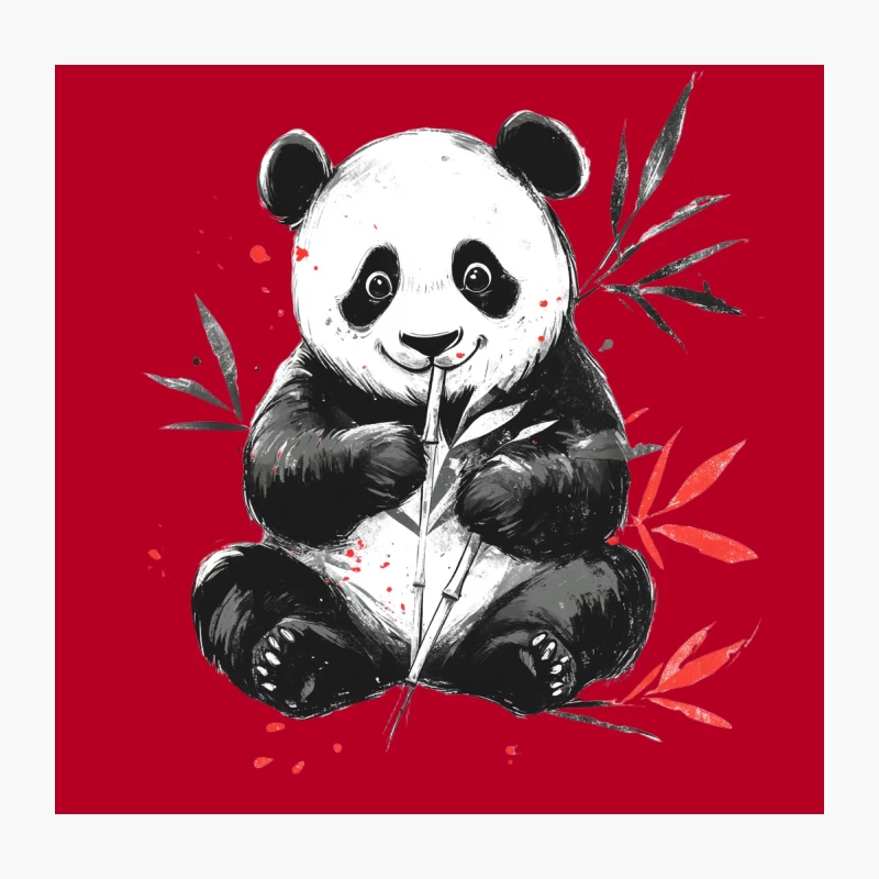 Adorable Panda Illustration with Bamboo and Red Accents Throw Pillow