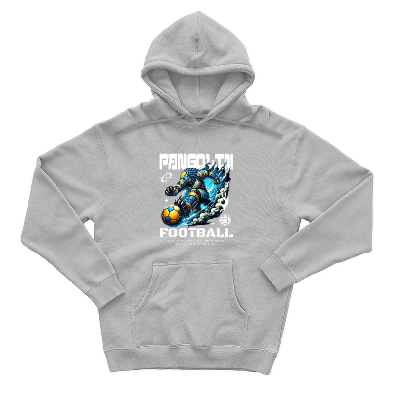 Robotic Soccer Player with Blue Armor in Dynamic Motion Male Pullover Hoodie